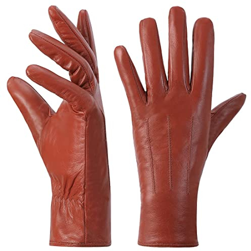 Harssidanzar Damen Lederhandschuhe Winter Warmes Kaschmirfutter Touchscreen Vintage Finished GL017EU,Orange Rot, Größe XL