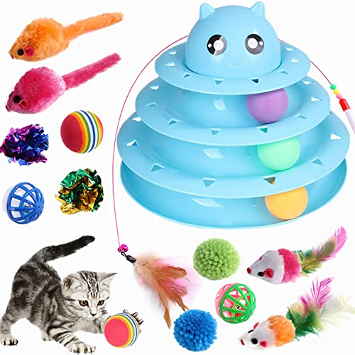 Wefine 14 PCS Indoor Cat Toys - Interactive 3 Level Track With Colorful Balls, Feather Wand, and Roller Exerciser for Kittens and Cats