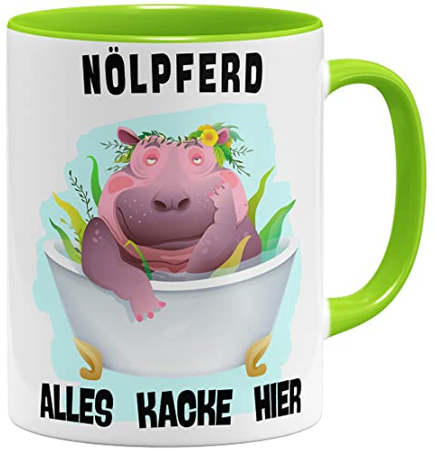 OM3® alles Kacke hier - Nölpferd Tasse mit lustigem Spruch | Keramik Becher | 325ml | Beidseitig Bedruckt | Hellgrün