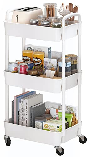 Sywhitta Rollwagen aus Kunststoff mit 3 Ebenen, multifunktionaler Aufbewahrungswagen für Büro, Wohnzimmer, Küche, beweglicher Aufbewahrungs-Organizer mit Rollen, Weiß