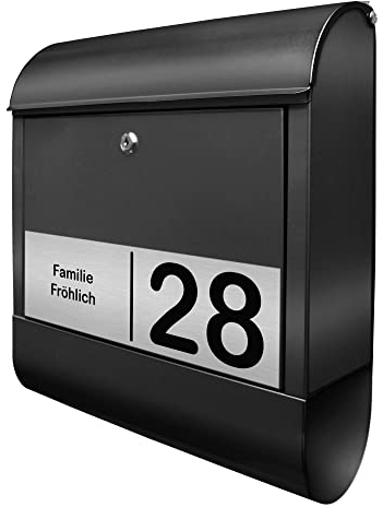 banjado® Briefkasten personalisiert mit graviertem Namensschild in Silber/Briefkasten schwarz 39x47x14cm / Briefkasten mit Hausnummer, Namen & Motiv Gravur 2 / Briefkasten mit Zeitungsfach