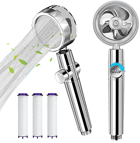 Handbrause Kiyaosoka Hochdruck Duschköpfe Turbo Ventilator 360 Grad drehbar, Hydro Jet Duschkopf mit 3 Filtern Turbo-Duschkopf (Silber)