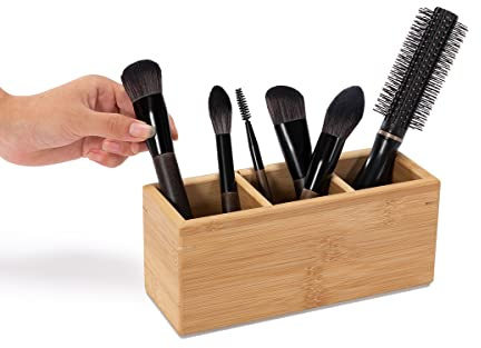 PELYN Makeup Brush Holder Organizer for Vanity, Hair Brush Holder Organizer with 3 Removable Slots, Bamboo