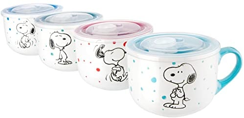 Peanuts Freckled Joy Suppenschalen aus Steingut, 652 ml, mit transparentem Deckel, 4 Stück, verschiedene Farben