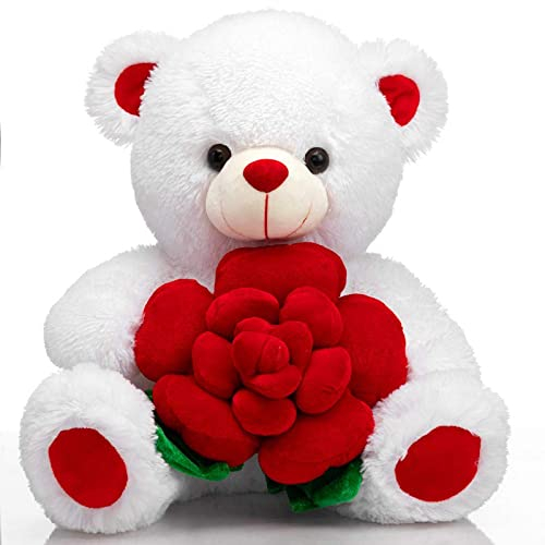 BEJOY Teddybär Plüschtiere, Bär hält Rose weiches Stofftier Geschenk für Valentinstag, 41cm Weiß