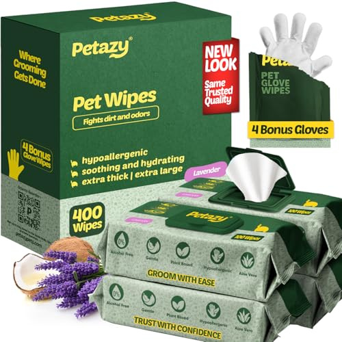 Petazy dog wipes for paws and ears, organic pet wipes for dogs, lavender scented wipes, deodorizers, extra thick wipes, for