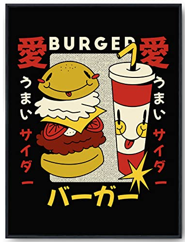 JOPRICO Retro Burger Poster Japan - Vintage Kunstdruck - Japan Poster Essen Hamburger