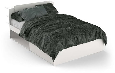 Demeyere Lit 140 x 190/200 Avec Rangement Industriel 2 Tiroirs 2 Niches – Coloris Noir Mat und Chêne Clair - 144,7 x 227 x 87,7 cm