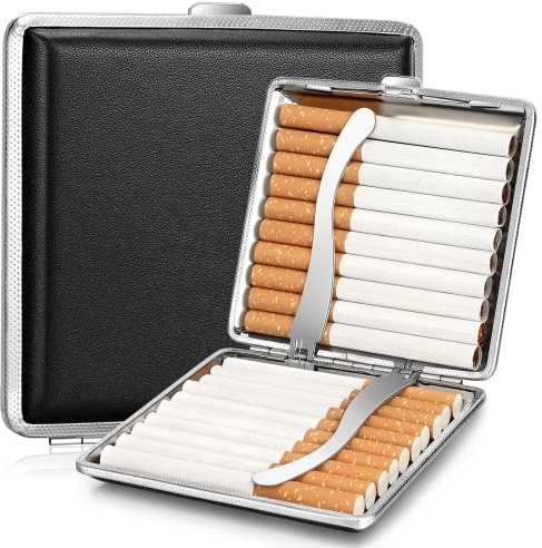 2 Stück Zigarettenetui Leder Metall, Schwarz PU Zigarettenschachtel für 20 Zigaretten Edelstahl Zigarettenbox für Hand Hosen