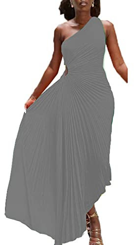 Women's Summer One-Shoulder Hollow Diagonal Collar Pressed Pleated Solid Colour Sleeveless Casual Dress Grey