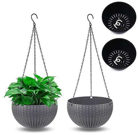 Moollyfox 2 Stück Blumenampel Außen, Ø 21cm Selbstbewässerung Blumentopf Hängend, Hängeampel Outdoor Kunststoff, Hängeblumentöpfe mit Rostfrei Ketten, Hängeampeln für Draußen Innen Decken Pflanzen