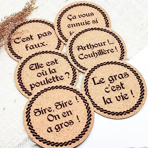 Lot de 6 dessous de verre en liège avec citation drôle au choix, idée cadeau fête des pères, 10cm