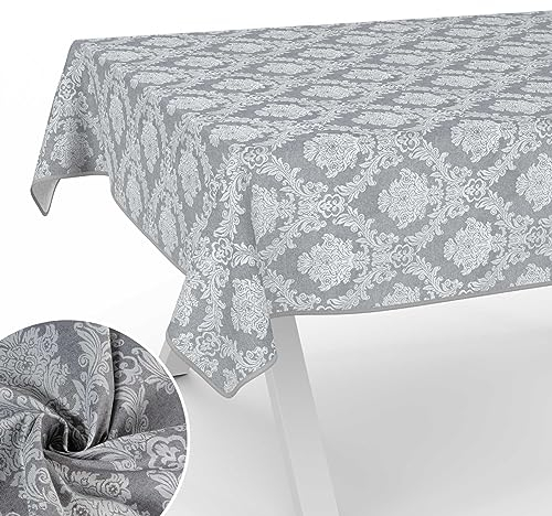 Stoff Tischdecke Textil Tischwäsche Tischtuch Baumwolle Polyester abwaschbar Uni Ornament Damast Jacquard Gewebe waschbar Barock Grau 260x140cm mit Saum (Eingefasst)
