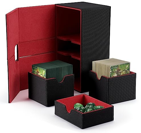 Ntmaichy Deck Box for MTG Cards For Card Sleeves, Commander Card Deck Box with 2 Dividers Fits 200+ Sleeved Cards Storage Box PU Leather Card Deck Case for CCG TCG (Blak-red)