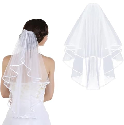 ZKGYUS Braut Schleier Damen Weiß, Brautschleier, Schleier kurz Brautschleier Tüll Hochzeit Kurzer Schleier Satinkante mit Kamm für Hochzeit Junggesellinnenabschied Party