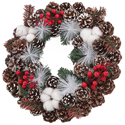 ALturN Christbaumkugeln, Weihnachtsdekorationen, Weihnachtskranz, künstlicher Weihnachtskranz verziert mit Tannenzapfen und Baumwolle for Weihnachtsdekorationen im Innen- und Außenbereich