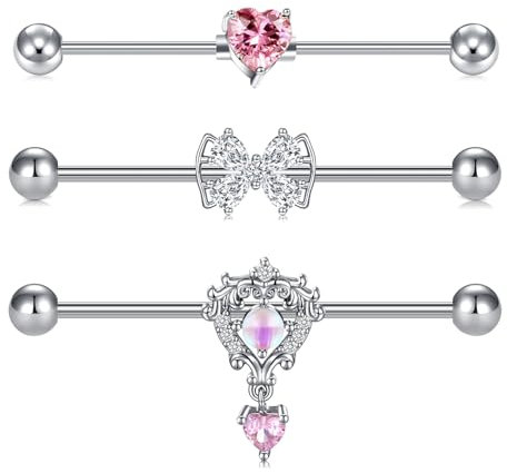 AVYRING 14G en argent Piercing Industriel, Barbell industriel en acier chirurgical avec pendentif papillon et cœur, Boucles d'oreilles double cartilage helix pour femmes de 38mm