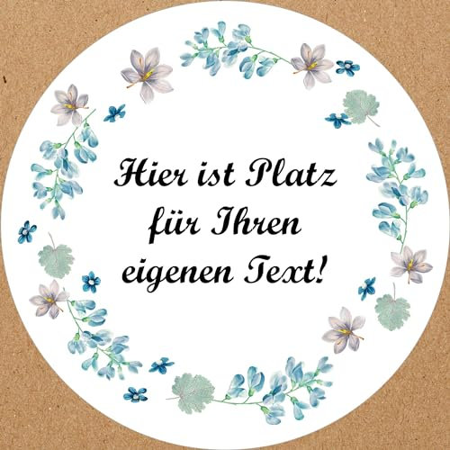 INDIGOS UG - Aufkleber selbst gestalten Blumenmuster - bunt - blauer Blumenkranz - Wunschtext - 54 Stück - 30mm - personalisierte Geschenke - Etiketten selbstklebend - Dekoration Verpackung von