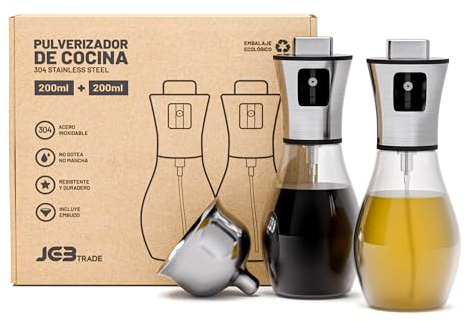 JGB TRADE 2 unidades pulverizador aceite spray de 200ml - Spray aceite cocina de cristal y acero inoxidable 304 con dosificador aceite, vinagre, soja o salsas - Incluye embudo
