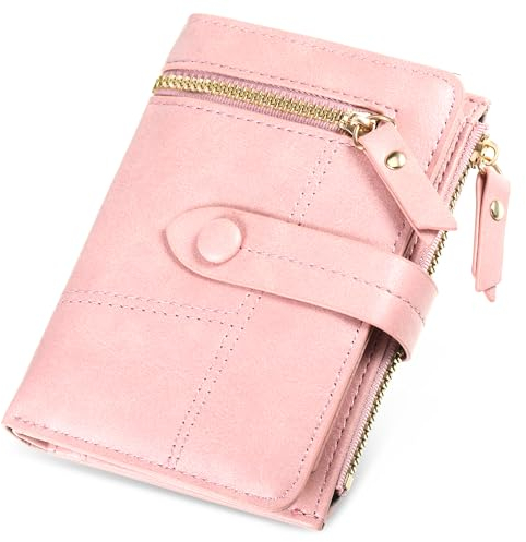 EUIOOVM Geldbörse Damen,Portemonnaie Damen PU Leder 14×10cm,Geldbeutel Viele Fächer mit RFID-Schutz,Geldbeutel Damen im Kurzformat mit 14 Kartenfächer und Kleingeldfach (Rosa)