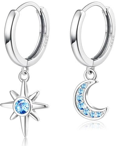 Adramata Ohrringe Silber 925 Mädchen – CZ Mond Stern und Sonn Ohrringe Silber Hängend Ohrringe für Damen, Hypoallergene Silber 925 Creolen mit Anhänger, Geschenk für Empfindliche Ohren,Moon-S