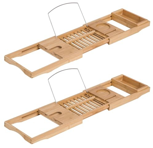 HOMCOM Extendable Bamboo Bathtub Shelf Rack Bath Caddy Tray Bathroom Storage, Set of 2