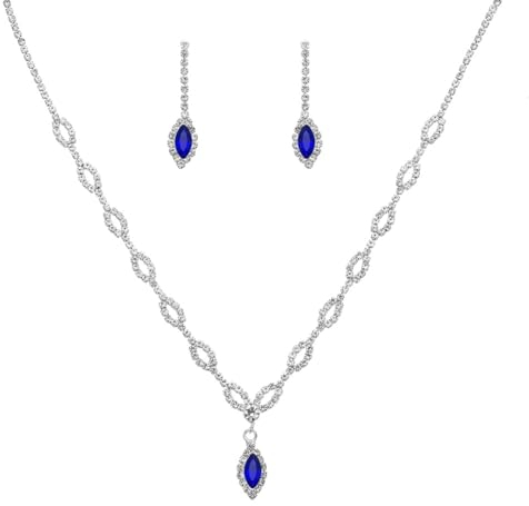 Clataly Braut Hochzeit Halskette Ohrringe Set Silber Kristall Strass Brautschmuck Zubehör für Frauen und Mädchen (Blaue Halskette)
