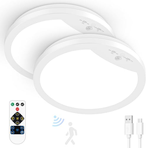 Lakumu 2-Pack 9 Rechargeable Motion Sensor Ceiling Light with Remote, Wireless LED Ceiling Light Battery Operated, No Wiring Battery Powered Ceiling Lights for Closet Shower Stairs Pantry, 3CCT