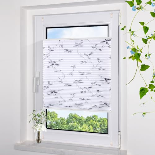 Grandekor Plissee ohne Bohren mit Muster Weiß-Motiv 65x130cm, plissees klemmfix Sichtschutz und Sonnenschutz Blickdicht Faltrollo Lichtdurchlässig Rollos für Fenster ohne Bohren