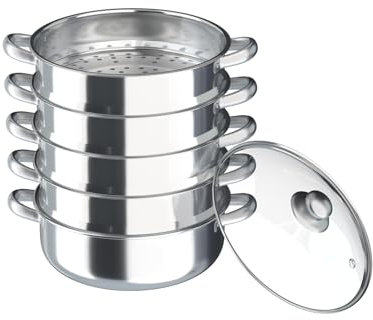 Vaporera de acero inoxidable de 30 cm, 5 niveles, vaporizador, verduras, patatas, con inserto de vapor y dos asas, apilable, tapa de cristal para cocinas de gas, cocinas de inducción y vitrocerámica