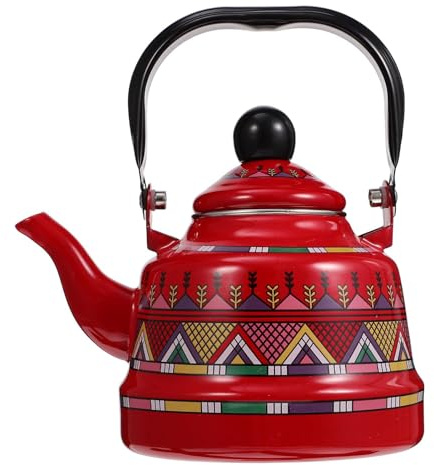RSBFER Bollitore da tè Vintage in Smalto Floreale - Teiera da Piano Cottura a Riscaldamento rapido con Manico in Porcellana al Tocco Freddo per Acqua Calda, Senza fischi,Rosso,1.1L
