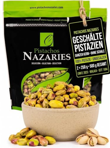Pistazienkerne geschält ungesalzen 500 g ganze Kerne aus Spanien | 2x250 Gramm Pistazien ohne Schale und ohne Zusätze – ideal als Snack, für Müsli, Joghurt, Salate, Eis und zum Backen