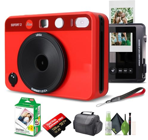 Leica Sofort 2 - Película fotográfica instantánea híbrida y cámara digital (rojo) (19189) con pantalla LCD con película instantánea Fujifilm 20 hojas + tarjeta de memoria de 128 GB + bolsa + kit de