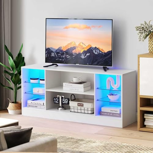 CLIPOP White TV Cabinet with 16 Colors RGB LED Lights, Wood TV Stand Unit for 50-55 inch TV, with 8 Storage Shelves for Living Room Entertainment Centre (8 shelves)
