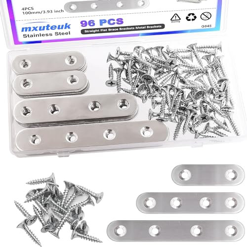 mxuteuk 96PCS Stainless Steel Straight Flat Brackets,Metal Brackets,Mending Plate,Metal Brackets for Wood (50mm/80mm/100mm)