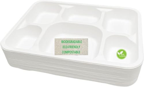 LARGE STRONG 6 Compartment Plates for LUNCH & DINNER Pack of 25, 32X22X5cm, USED FOR HOT & COLD FOODS Biodegradable Dinner Plates, Ecofriendly Divided Disposable Plates for Birthday Party, Events