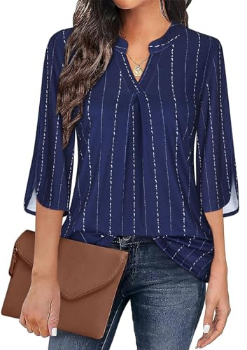 Flikity Women's Blouses & Shirts Ladies Tops 3/4 Sleeve Professional Work Tunics V Neck Dress Shirts Business Casual Formal Attire No Wrinkle Blue Stripe X-Large