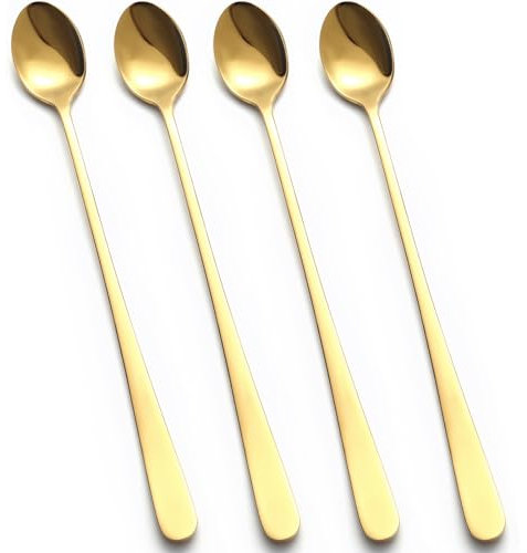 tiokin Latte Spoons Long Handle Coffee Spoons Teaspoons Gold Set of 4 Stainless Steel 9 inches Mixing Ice Cream Stirring Spoon Ideal for Iced Coffee Iced Tea Milk Shake Ice Cream Sundeas Cool Drinking