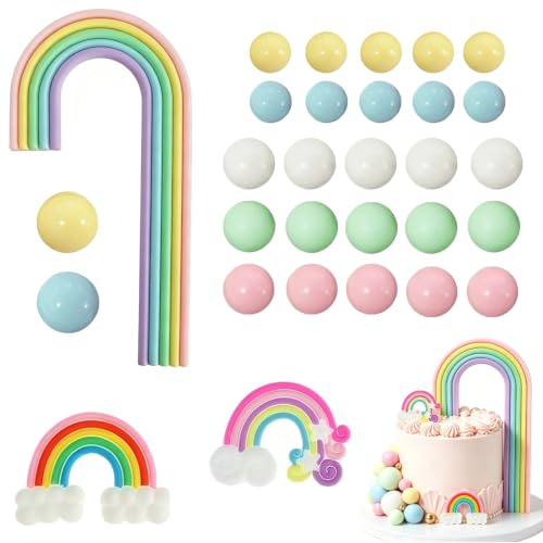 30Pcs Rainbow Cake Toppers, Birthday Decorations Set with Balloon & Cloud Decorations - Foam & Resin Cake Decorations for Birthdays, Baby Showers, Unicorn Parties - Reusable Rainbow Cake Topper Kit