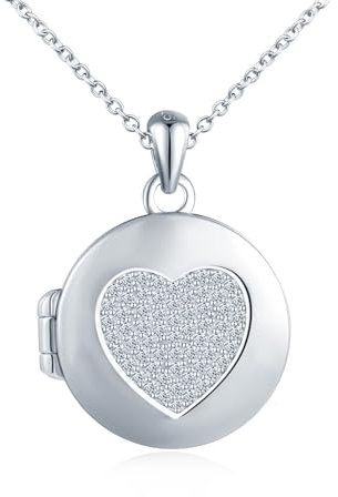 VIKILEE Zirkon Herz Foto Kette Silber 925 mit Bild: Halskette Damen Mädchen Medaillon zum Öffnen für Bilder-Round Anhänger Ketten Amulett Schmuck-Geschenk für Frauen Mama Freundin Tochter Silber