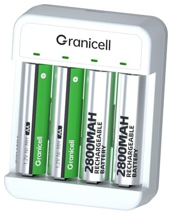 Granicell Wiederaufladbare AA-Batterien mit Ladegerät, 2800mAh 4-Pack NiMH Doppel-A-Batterien mit Smart 4 Bay USB Schnellladegerät für NI-MH NI-CD