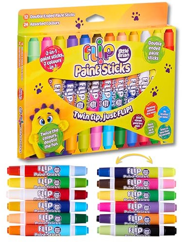 Little Brian Flip Paint Sticks For Kids - 12 Pack with 24 Assorted Colours, Twin Tips, Double-Ended - Mess-Free, Easy Clean Up, Fast Drying Action, Vibrant Colours, Multi-Surface, Twist & Paint