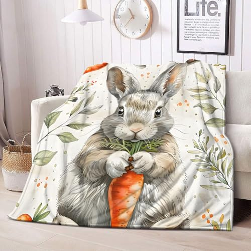 Ostern Kuscheldecke Flauschig, Decke Fleecedecke Karotten Kaninchen, Weiche Warme Decke Wohndecke als Sofadecke Wolldecke Couchdecke Tagesdecke 200x200 cm S-452