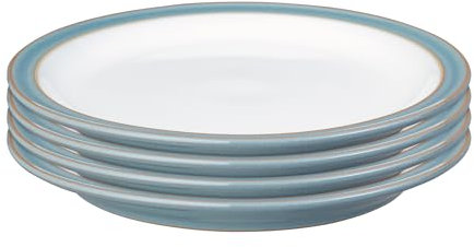 Denby - Azure Rimmed Dinner Plate Set of 4 - Dishwasher & Microwave Safe Ceramic Crockery - Rimmed Powder Blue Glaze Effect Stoneware - Large Dinner, Lunch Plates - Chip Resistant - L26.5xW26.5xH3cm