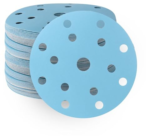Schleifpapier 150mm Klettverschluss 15 Loch 60 Körnung 48 Stück Keramik | Schleifscheiben Blau Staubentfernung Geeignet für Metall und Holz