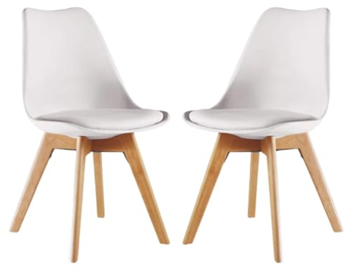 P&N Homewares Retro Modern Dining Chairs – Lorenzo Plastic Chairs with Cushioned Pad Seat & Solid Beech Wooden Legs - Mid Century Side Chair for Dining Room Living Room Kitchen (Pack of 2, White)