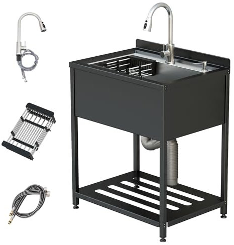 Lavello Cucina Nero con 1 vasca,78x56x100cm Esterno Lavandino Commerciale con Supporto e Rubinetto,Lavatoio da Giardino Campeggio,per Interni Esterni