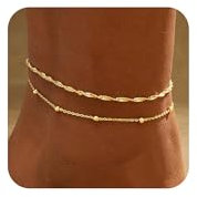 Auiremrti 2 Pièces de Bracelets de Cheville Dorés pour Femmes, Étanches, Chaînes de Cheville Cubaines, Bracelets à Perles, Bracelets Empilables, Plaqué Or 14 Carats, Ne Déteint Pas