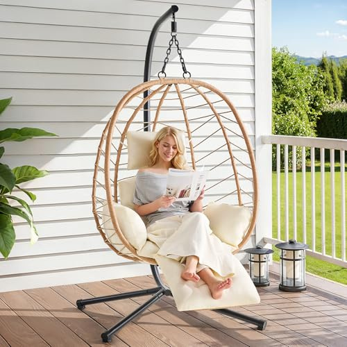 ONBRILL Hanging Egg Chair with Adjustable Footrest & Stand, Wicker Rattan Swing Hammock Chair with Cushion & Double Chains, 350LBS Capacity for Outdoor & Indoor Patio, Deck, Bedroom, Balcony (YE-BE)