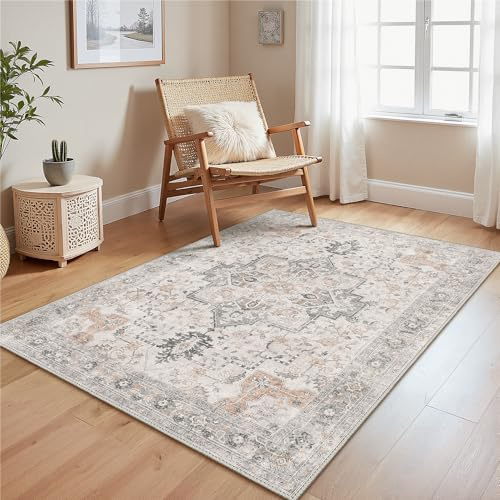 GENIMO Rug 120x170cm Taupe Washable Non-Slip Vintage Boho Carpet Area Mat | Classic Style Mat Featuring Taupe Beige Design Anti-skid Backing, Machine Cleanable, Great for Living Room, Bedroom